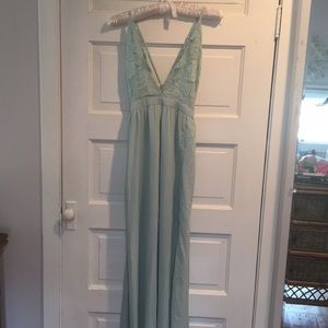 Teal long dress with a v neckline and lace